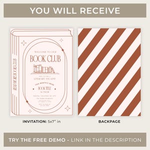 May include: A book club invitation with a light brown and white design. The invitation is 5x7 inches and features the text "Welcome to our Book Club" and "Join us for a Literary Escape!" The back page has diagonal stripes. The text "Try the free demo - link in the description" is also included.