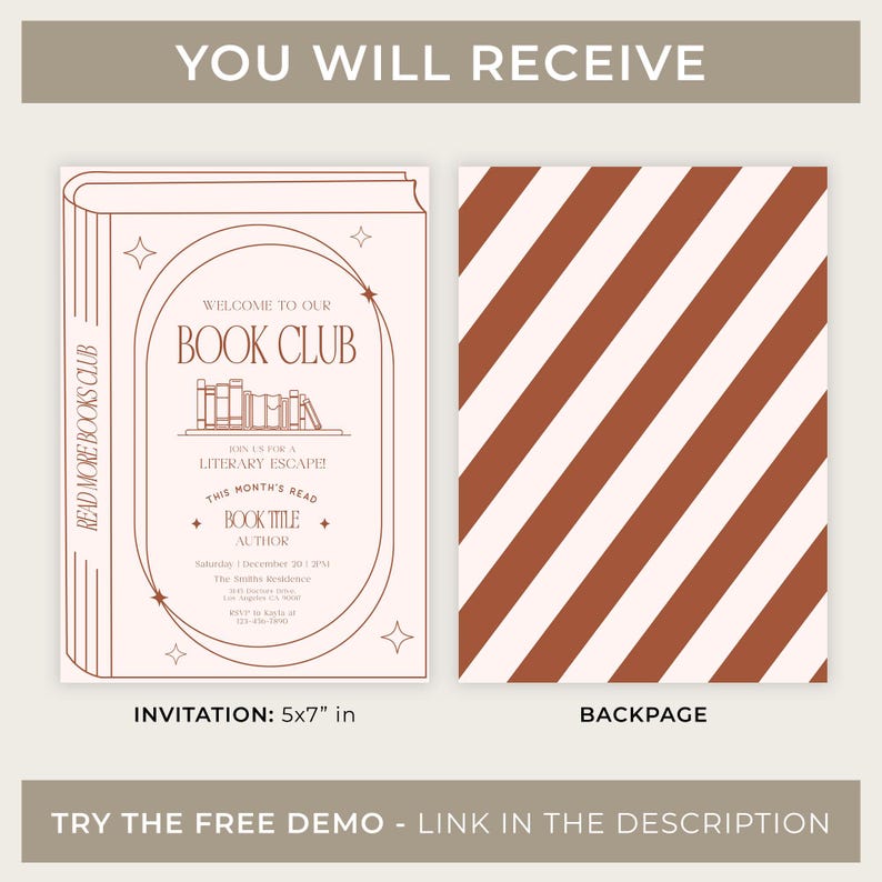 May include: A book club invitation with a light brown and white design. The invitation is 5x7 inches and features the text "Welcome to our Book Club" and "Join us for a Literary Escape!" The back page has diagonal stripes. The text "Try the free demo - link in the description" is also included.