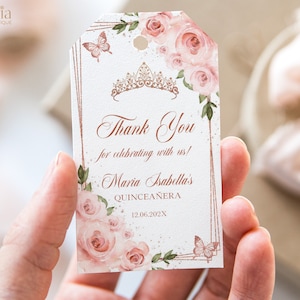 Etiqueta de presente de agradecimento rosa Quinceañera, etiqueta de presente editável Blush Rose Gold Quince, Mis Quince Anos, festa de 15 anos, download instantâneo, Q014