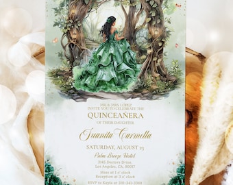 Enchanted Forest Quinceañera Invitation, EDITABLE Emerald Magical Garden Party Invite, Mis Quince Anos, Fairytale Forest 15th Birthday, Q131