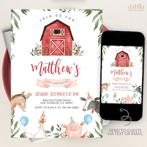 K&ouml;nnte beinhalten: Ein roter Stall mit einem wei&szlig;en X an der T&uuml;r, umgeben von gr&uuml;nen Bl&auml;ttern und Farmtieren. Der Text "Matthew's 2nd Birthday" ist in Rot geschrieben. Die Einladung enth&auml;lt Datum, Uhrzeit, Adresse und RSVP-Informationen.