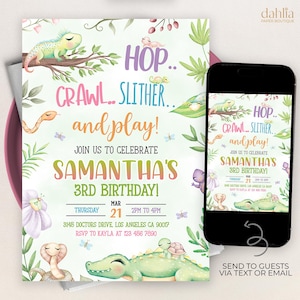 May include: A colourful invitation for a child's 3rd birthday party. The invitation features a jungle theme with a green alligator, a snake, a turtle, and a frog. The text on the invitation reads "Hop... Crawl... Slither... and play! Join us to celebrate Samantha's 3rd Birthday!" The invitation also includes the date, time, and location of the party.