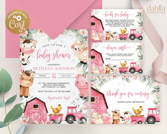 EDITABLE Farm Baby Shower Invitation Template Set, Barn Animals Baby Shower Invite, Ranch Girl Baby Shower, Floral Pink Barnyard BS114 Il_570xn