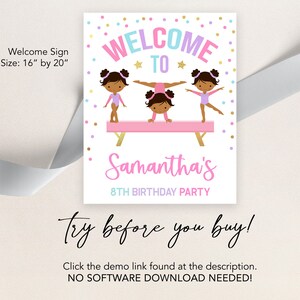 Puede incluir: Un cartel de bienvenida para una fiesta de cumplea&ntilde;os con tem&aacute;tica de gimnasia. El cartel es rosa y blanco con detalles de purpurina dorada. Muestra a tres chicas con leotardos rosas realizando una actuaci&oacute;n en una viga de equilibrio rosa. El cartel dice "Bienvenido a la fiesta de cumplea&ntilde;os n&uacute;mero 8 de Samantha".