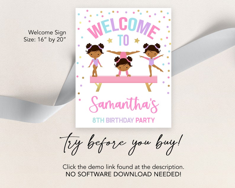 Puede incluir: Un cartel de bienvenida para una fiesta de cumplea&ntilde;os con tem&aacute;tica de gimnasia. El cartel es rosa y blanco con detalles de purpurina dorada. Muestra a tres chicas con leotardos rosas realizando una actuaci&oacute;n en una viga de equilibrio rosa. El cartel dice "Bienvenido a la fiesta de cumplea&ntilde;os n&uacute;mero 8 de Samantha".