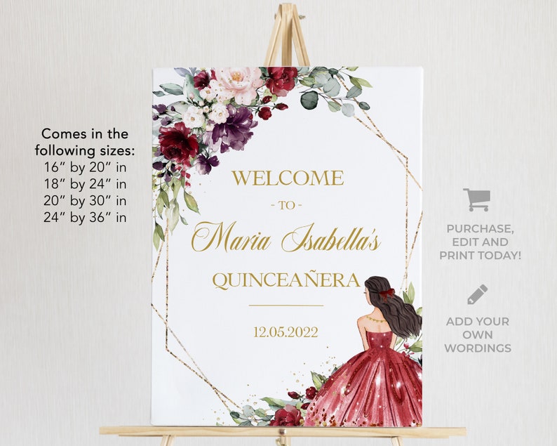 May include: A white welcome sign with gold glitter and a gold geometric frame. The sign features a watercolour floral design with burgundy, pink, and white flowers. The text reads "Welcome to Maria Isabella's Quincea&ntilde;era 12.05.2022".