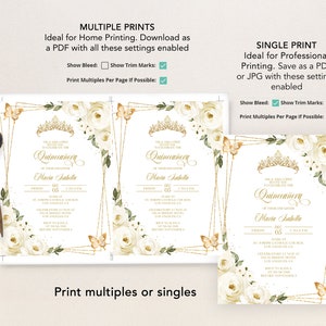 May include: A printable invitation for a Quincea&ntilde;era celebration. The invitation features a gold crown, white roses, and butterflies on a white background. The text on the invitation reads "Quincea&ntilde;era" and includes the date and time of the event. The invitation is available in multiple print formats.