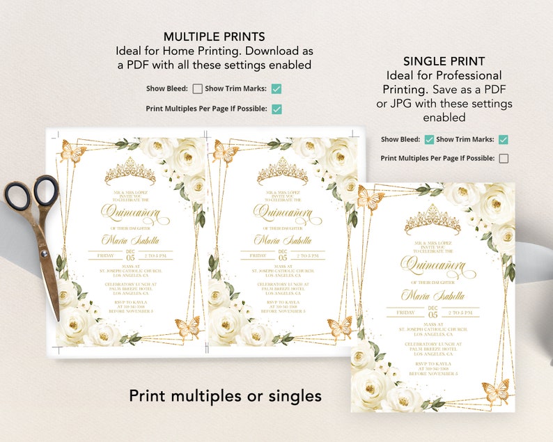 May include: A printable invitation for a Quincea&ntilde;era celebration. The invitation features a gold crown, white roses, and butterflies on a white background. The text on the invitation reads "Quincea&ntilde;era" and includes the date and time of the event. The invitation is available in multiple print formats.