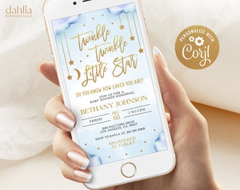 Twinkle Twinkle Little Star Baby Shower Evite Template, EDITABLE Moon and Stars Pink Invite, Blue Gold, Celestial, Instant Download, BS128