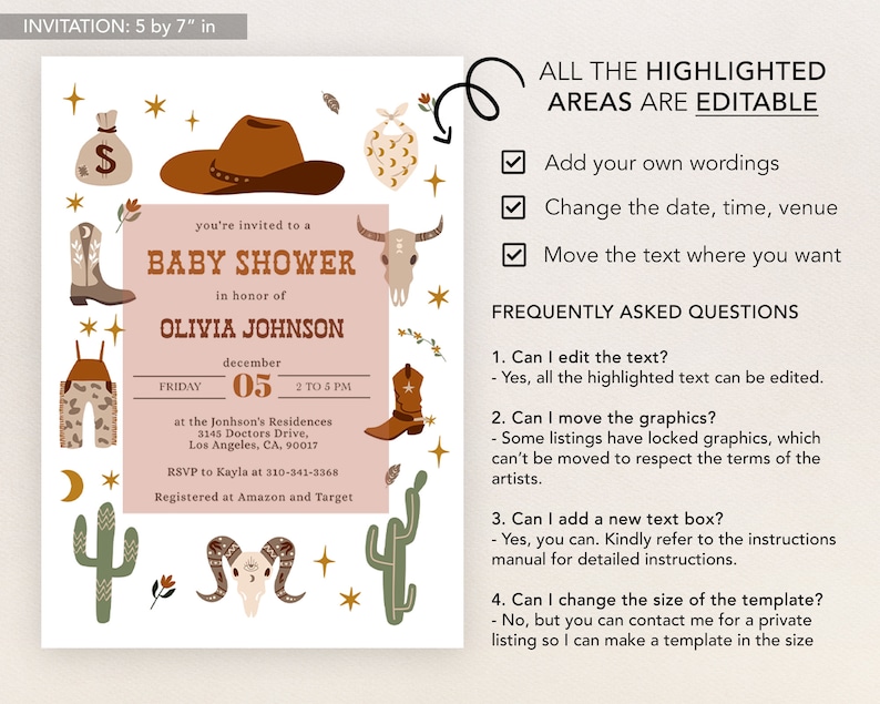 Wild West Baby Shower Invitation, EDITABLE Cowboy Rodeo Party Invite Template, Western Ranch Country, Gender Neutral, Instant Download BS136 image 3