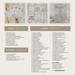 May include: A set of printable baby shower game cards with a light blue background and a floral design. The cards are labeled with the title "Games - 5 by 7" inches and list a variety of games for a baby shower, such as "Baby Memory Game", "Guess the Baby Food", and "Baby Bingo".