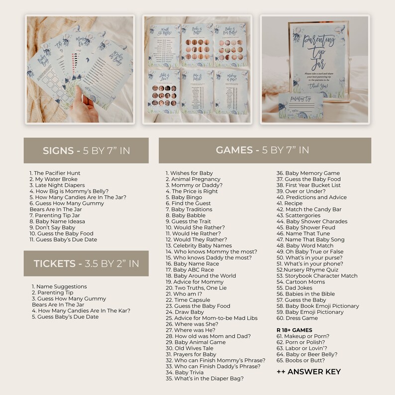 May include: A set of printable baby shower game cards with a light blue background and a floral design. The cards are labeled with the title "Games - 5 by 7" inches and list a variety of games for a baby shower, such as "Baby Memory Game", "Guess the Baby Food", and "Baby Bingo".