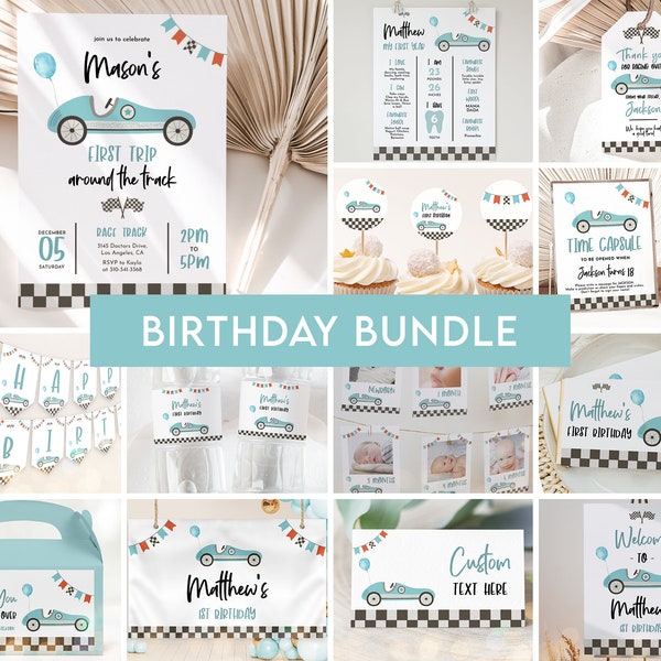 Race Car Birthday Party Bundle, EDITABLE Transportation Party Invite, First Trip Around The Track Decor, Blue Racing Car Party Signs, KP139