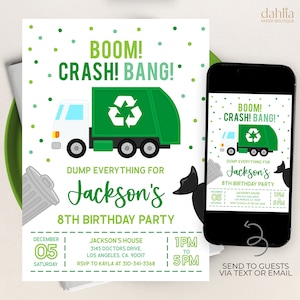 Müllwagen-Geburtstagseinladung, EDITIERBARE Kipper Party-Einladung, Trash Bash Boys-Vorlage, Recycling-Karte, Sofort-Download KP182