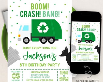 Garbage Truck Birthday Invitation, EDITABLE Dump Trucks Party Invitation, Trash Bash Boys Template, Recycling Card, Instant Download KP182