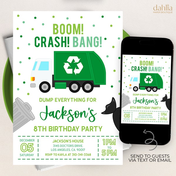 Garbage Truck Birthday Invitation, EDITABLE Dump Trucks Party Invitation, Trash Bash Boys Template, Recycling Card, Instant Download KP182