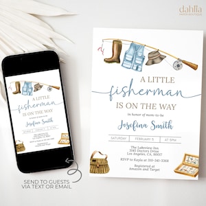 Invitación de baby shower de pesca, invitación editable de baby shower de un pequeño pescador, plantilla de fiesta rústica azul, al aire libre, descarga instantánea BS253