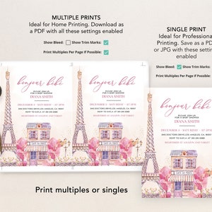 Puede incluir: Una invitaci&oacute;n imprimible para un baby shower con una ilustraci&oacute;n de acuarela rosa y blanca de la Torre Eiffel y una cafeter&iacute;a parisina. El texto de la invitaci&oacute;n dice "bonjour b&eacute;b&eacute;" e incluye la fecha, la hora y el lugar del evento.