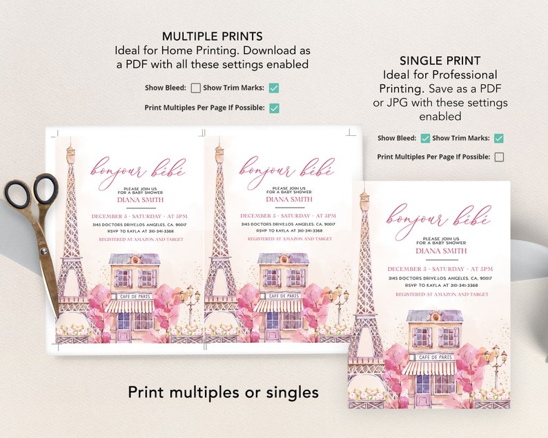 Puede incluir: Una invitaci&oacute;n imprimible para un baby shower con una ilustraci&oacute;n de acuarela rosa y blanca de la Torre Eiffel y una cafeter&iacute;a parisina. El texto de la invitaci&oacute;n dice "bonjour b&eacute;b&eacute;" e incluye la fecha, la hora y el lugar del evento.