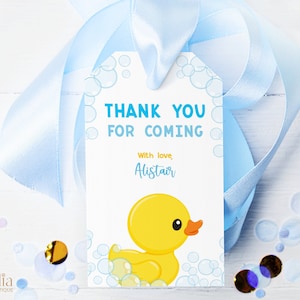 Patito de goma gracias por venir etiqueta de regalo, etiqueta de favor de fiesta de pato editable, etiqueta de primer cumpleaños unisex, pegatina de tiempo de baño de burbujas, KP094