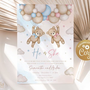 Invitación de revelación de género de osos de peluche EDITABLE, invitación de revelación de género en globo aerostático, tarjeta de fiesta para niño o niña, ducha DIY para él o ella GR037
