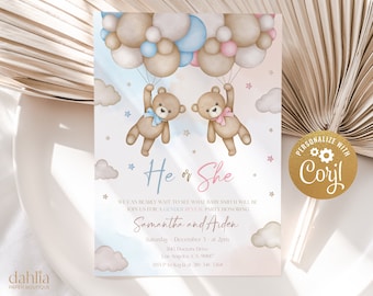 EDITABLE Teddy Bears Gender Reveal Invitation, Hot Air Balloon Gender Reveal Invite, Baby Boy Or Girl Party Card, DIY He Or She Shower GR037