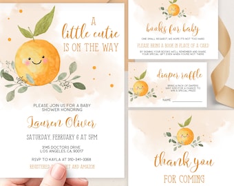 Little Cutie ist unterwegs Babypartyeinladungs-Set, Geschlechtsneutrale Babyparty, Oranges Duschset, Clementine Duschset, Corjl BS032