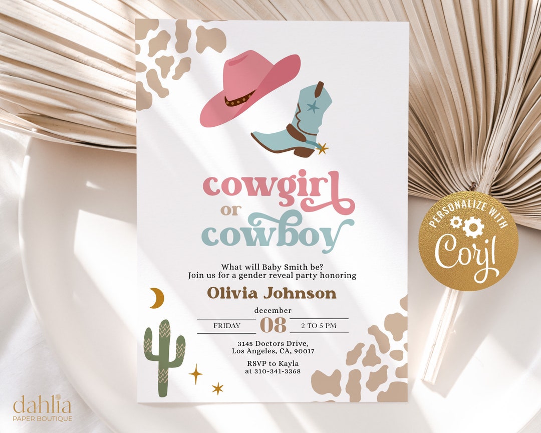 Cowgirl or Cowboy Gender Reveal Invitation, Western Baby Shower, He or ...