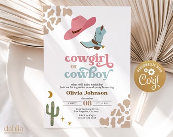Cowgirl or Cowboy Gender Reveal Invitation, Western Baby Shower, He Or She, Country Gender Reveal Party, Boy Or Girl, Boots or Bows, GR017