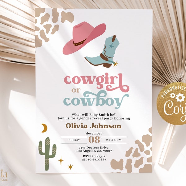 Cowgirl or Cowboy Gender Reveal Invitation, Western Baby Shower, He Or She, Country Gender Reveal Party, Boy Or Girl, Boots or Bows, GR017