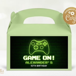 Videospiel Giebelbox Etikett Vorlage, bearbeitbarer Gamer Party Aufkleber, grünes Leuchten Neon Geburtstagsetikett, Junge Gaming Party, Sofortiger Download, KP070