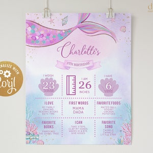Cartel del hito del primer cumpleaños de la sirena, EDITABLE bajo la plantilla de signo de cumpleaños del mar, 1er cumpleaños del bebé, océano, descarga instantánea, KP030