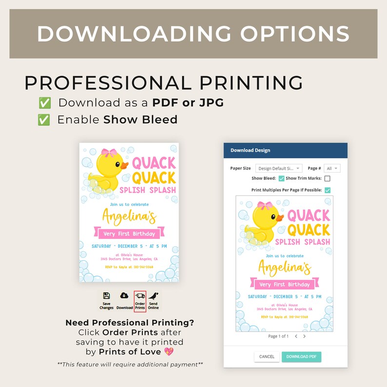 May include: A printable invitation for a baby shower or birthday party. The invitation features a cartoon yellow rubber ducky with a pink bow, surrounded by blue bubbles. The text on the invitation reads "Quack Quack Splish Splash" and "Join us to celebrate Angelina's Very First Birthday".