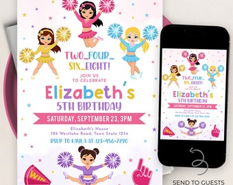 May include: A pink and purple birthday invitation with a cheerleader theme. The invitation features a cartoon cheerleader with pom-poms and the text "Two...Four...Six...Eight! Join us to celebrate Elizabeth's 5th Birthday. Saturday, September 23, 3PM. Elizabeth's House 785 Westlake Road, Town State 1234. RSVP to Kayla at 123-456-7890."