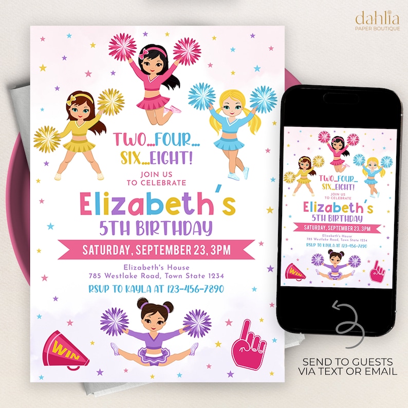 May include: A pink and purple birthday invitation with a cheerleader theme. The invitation features a cartoon cheerleader with pom-poms and the text "Two...Four...Six...Eight! Join us to celebrate Elizabeth's 5th Birthday. Saturday, September 23, 3PM. Elizabeth's House 785 Westlake Road, Town State 1234. RSVP to Kayla at 123-456-7890."
