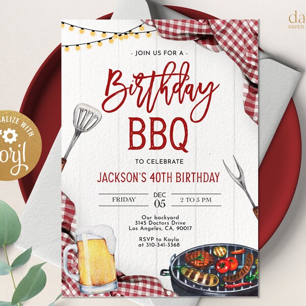 BBQ Birthday Invitation, EDITABLE Red Gingham Backyard Party Template, Outdoor Barbecue Grill Invite, Printable Modern Summer Cookout, KP190