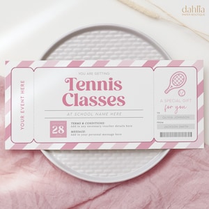 Vale-presente para aulas de tênis, vale-presente editável para treinamento pessoal, ingresso rosa para impressão para paddle tennis, ideia de presente de última hora para esportes