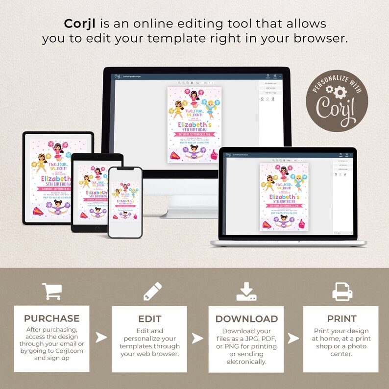 May include: A digital mockup showing how to use Corjl to edit and personalize a printable invitation. The invitation features a pink and yellow design with a cartoon cheerleader and the text "The Four-Year-Old Cheerleader Elizabeth's 5th Birthday".