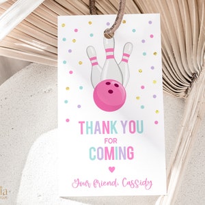 Grazie per essere venuto Etichetta regalo, Etichetta modificabile per bomboniere da bowling, Facciamo divertire alcuni bambini, Nota di compleanno per ragazze, Download istantaneo KP111