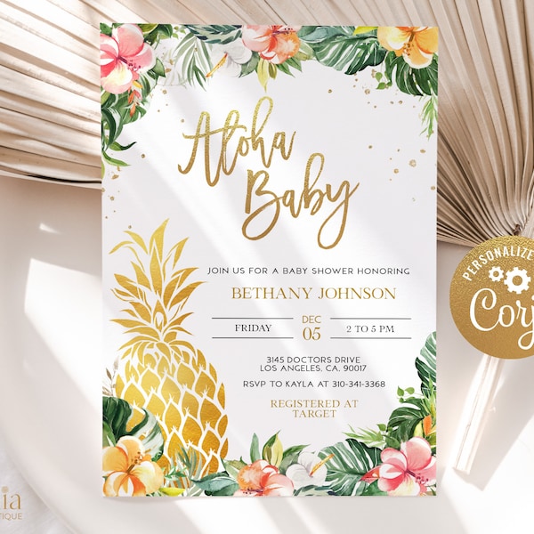 Hawaiian Pineapple Baby Shower Invitation, EDITABLE Luau Party Invite Template, Tropical Summer Baby Sprinkle, Aloha, Instant Download BS144