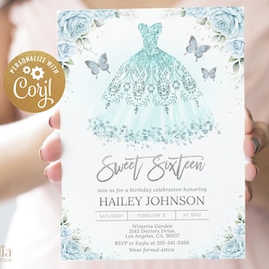 Aqua Blue and Silver Dress Sweet Sixteen Invitation, EDITABLE Butterfly 16th Birthday, Mis Quince Anos, DIY Sweet 16, Instant Download, Q077