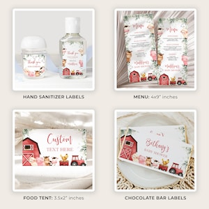 May include: A set of printable labels for a farm-themed baby shower. The labels feature a red barn, farm animals, and a tractor. The labels are designed for hand sanitiser bottles, food tents, chocolate bar wrappers, and menus. The text on the labels includes "Thank you for coming", "Custom Text Here", "Bethany's Baby Shower", and "Molly's Baby Shower".