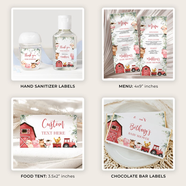 May include: A set of printable labels for a farm-themed baby shower. The labels feature a red barn, farm animals, and a tractor. The labels are designed for hand sanitiser bottles, food tents, chocolate bar wrappers, and menus. The text on the labels includes "Thank you for coming", "Custom Text Here", "Bethany's Baby Shower", and "Molly's Baby Shower".