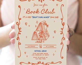 Book Club Invitation, Editable Book Themed Adult Party Invite, Whimsical Readers Meetup Template, Instant Download AP083