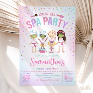 May include: A pink and blue invitation with confetti for a spa party. The invitation features a cartoon illustration of four girls in spa robes and face masks. The text reads "Join us for a Spa Party" and "Join us to celebrate Samantha's 8th Birthday Party". The party is on December 05th at 5 PM at the Gymnast Park, 3145 Doctors Drive, Los Angeles, CA, 90017. RSVP to Kayla at 310-341-3368.
