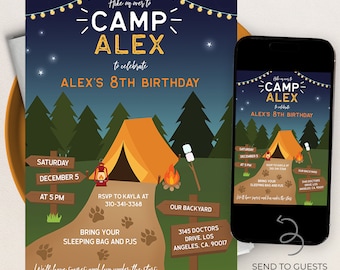 Plantilla de invitación de cumpleaños de camping, invitación a fiesta de camping, campamento, bajo las estrellas, campamento de niños, fiesta de Smores, descarga instantánea KP013