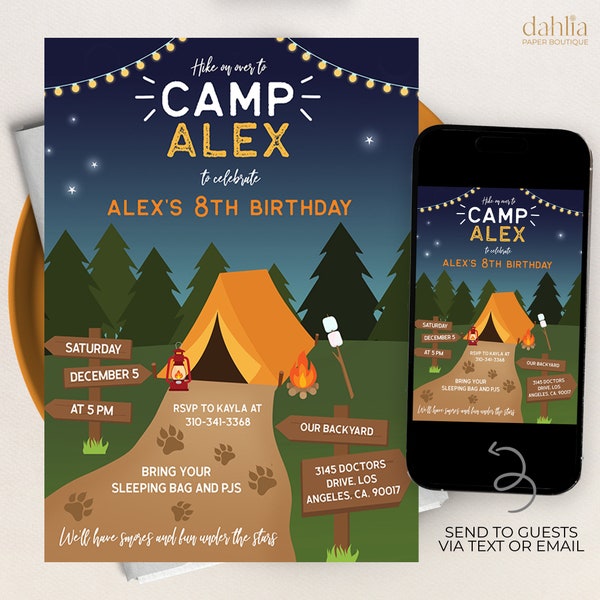 Modèle d'invitation d'anniversaire de camping, invitation à une fête de camping, camper, sous les étoiles, camping pour garçon, fête Smores, téléchargement immédiat KP013