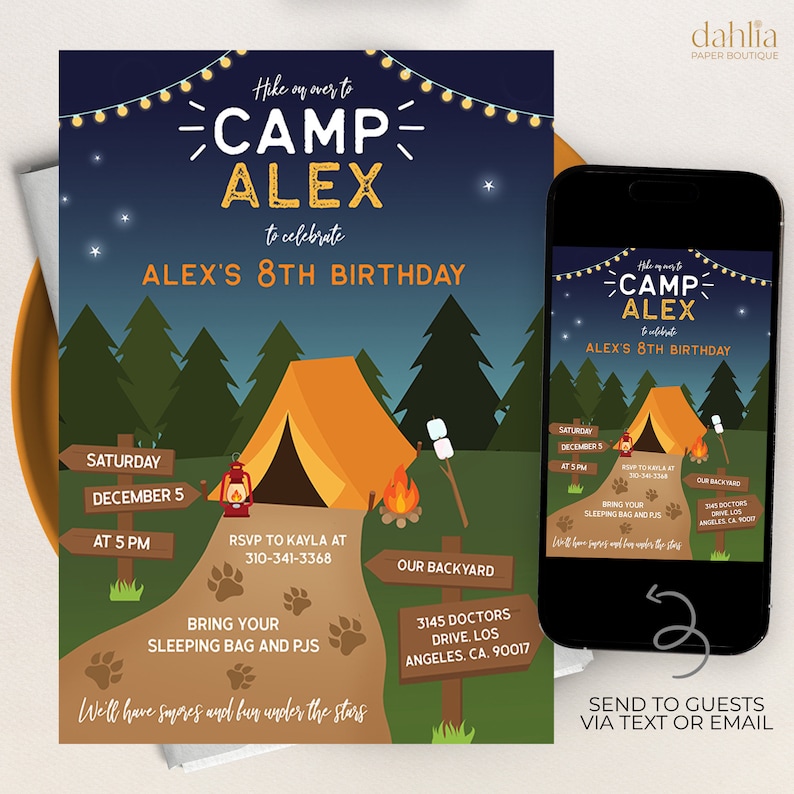 May include: A camping-themed birthday invitation with a blue background, stars, and a tent. The invitation says "Hike on over to Camp Alex to celebrate Alex's 8th Birthday". The invitation includes details for the party, including the date, time, RSVP information, and address.