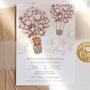 EDITABLE Boho Hot Air Balloon Baby Shower Invitation Template, Bear Girl Baby Shower Invite, Up, Up and Away, Pink, Instant Download, BS119