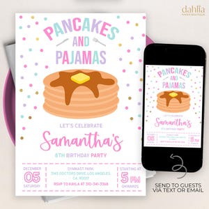 Invito di compleanno con pancake e pigiama, invito modificabile per pigiama party, modello per pigiama party per ragazze, brunch party, download immediato KP146